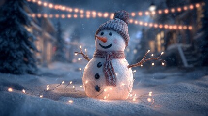 Wall Mural - Magical winter night scene with a glowing snowman radiating warm light in the snow, surrounded by sparkling frost, twinkling stars, and peaceful winter ambiance under a clear midnight sky, capturing t
