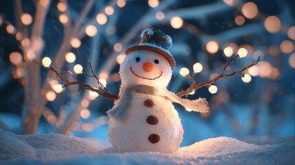 Wall Mural - Magical winter night scene with a glowing snowman radiating warm light in the snow, surrounded by sparkling frost, twinkling stars, and peaceful winter ambiance under a clear midnight sky, capturing t