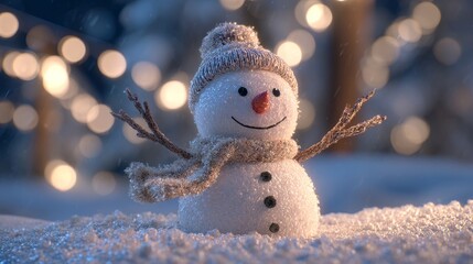 Wall Mural - Magical winter night scene with a glowing snowman radiating warm light in the snow, surrounded by sparkling frost, twinkling stars, and peaceful winter ambiance under a clear midnight sky, capturing t