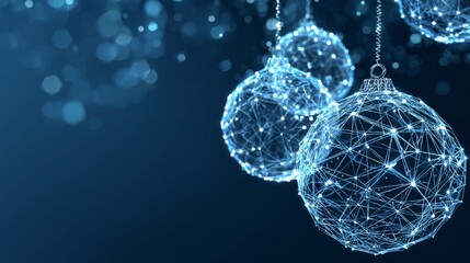 Wall Mural - Uturistic wireframe christmas balls in low poly 3d style on blue background featuring glowing lines and digital festive decoration, perfect for modern merry christmas and new year 2026 banner design w