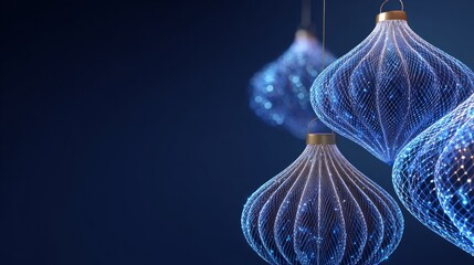 Wall Mural - Uturistic wireframe christmas balls in low poly 3d style on blue background featuring glowing lines and digital festive decoration, perfect for modern merry christmas and new year 2026 banner design w