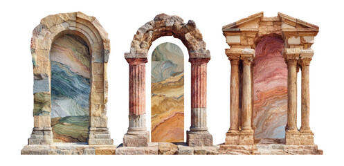 Decorative stone arches with colorful marble patterns on a transparent background