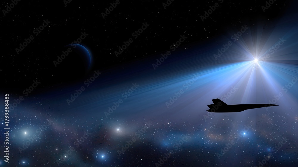 Futuristic Aircraft Gliding Through Starry Space with Celestial Bodies ...