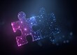© Dhita - Two puzzle pieces connect, rendered with digital lines, glowing in pink and blue on dark background