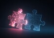 © Dhita - Two glowing puzzle pieces, one red, one blue, forming a connection against a dark backdrop