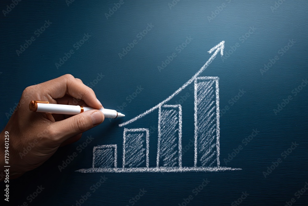 Increased Graph Portrait A hand using a pen to draw a graph indicating upward growth with rising ...