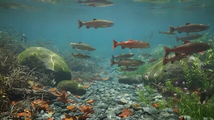 Wall Mural - Medium shot displaying fish navigating through underwater terrain during seasonal shifts emphasizing adaptive survival strategies.