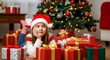 © Chetanraj - Cute girl in Santa hat lying on floor surrounded by Christmas presents, decorated tree with ornaments and lights in background, festive holiday season portrait full of joy, wonder and celebration