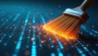 © Pete - An illustration visualizes data cleaning with a brush. Digital brush cleans binary code. Tech cleaning concept. Modern data processing abstract, shows data security information.
