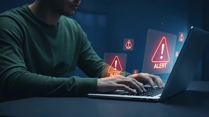A man using a laptop with glowing triangular warning icons showing scam alert warning, fraud alert, and email spam notifications
