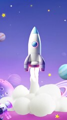 Wall Mural - A vibrant, low-angle video concept of a rocket launching into space, surrounded by planets and stars, with a playful, cartoonish style. Live mobile wallpaper.