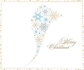 Christmas illustration. swirling streams of snowflakes with Merry Christmas greeting in elegant gold script. Festive Christmas cards, invitations, or website banners.
