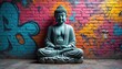 © Pete - Buddha statue meditates against colorful graffiti brick wall. Serene sculpture in lotus pose contrasts with vibrant street art. Modern urban backdrop complements ancient spiritual symbol.