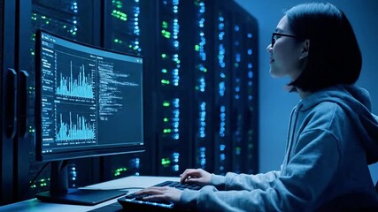 Female Programmer Coding in a Dark Server Room Environment