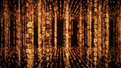 Golden streams of binary code cascading in endless 3D digital tunnel creating immersive futuristic data flow in seamless loop animation