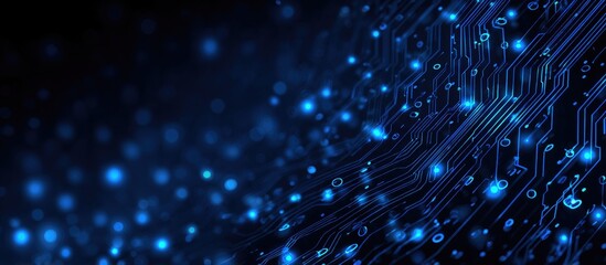 A sleek digital design featuring an abstract circuit board with glowing blue lights and a dark background