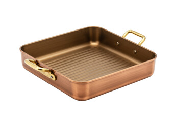 Copper square grill pan isolated, cookware with golden handles for grilling and roasting on a transparent background