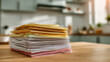 © Kiron - A stack of colorful documents, placed on an office desk. the papers appear to be well-organized and seem to have been submerged in water for some time. Ai generated