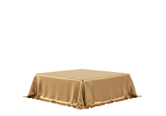 Golden fabric draped over a cube isolated on transparent background, elegant cloth for product display and presentation PNG