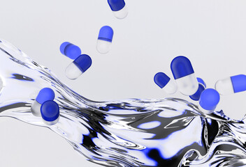 Wall Mural - 3D illustration shows a splash of water with floating blue and white pills against a light background, featuring smooth, glossy surfaces, wavy reflections, and an abstract, dynamic composition.
