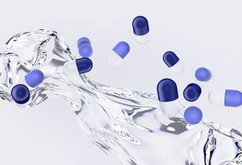Wall Mural - 3D illustration shows a splash of water with floating blue and white pills against a light background, featuring smooth, glossy surfaces, wavy reflections, and an abstract, dynamic composition.