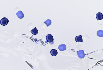 Wall Mural - 3D illustration shows a splash of water with floating blue and white pills against a light background, featuring smooth, glossy surfaces, wavy reflections, and an abstract, dynamic composition.