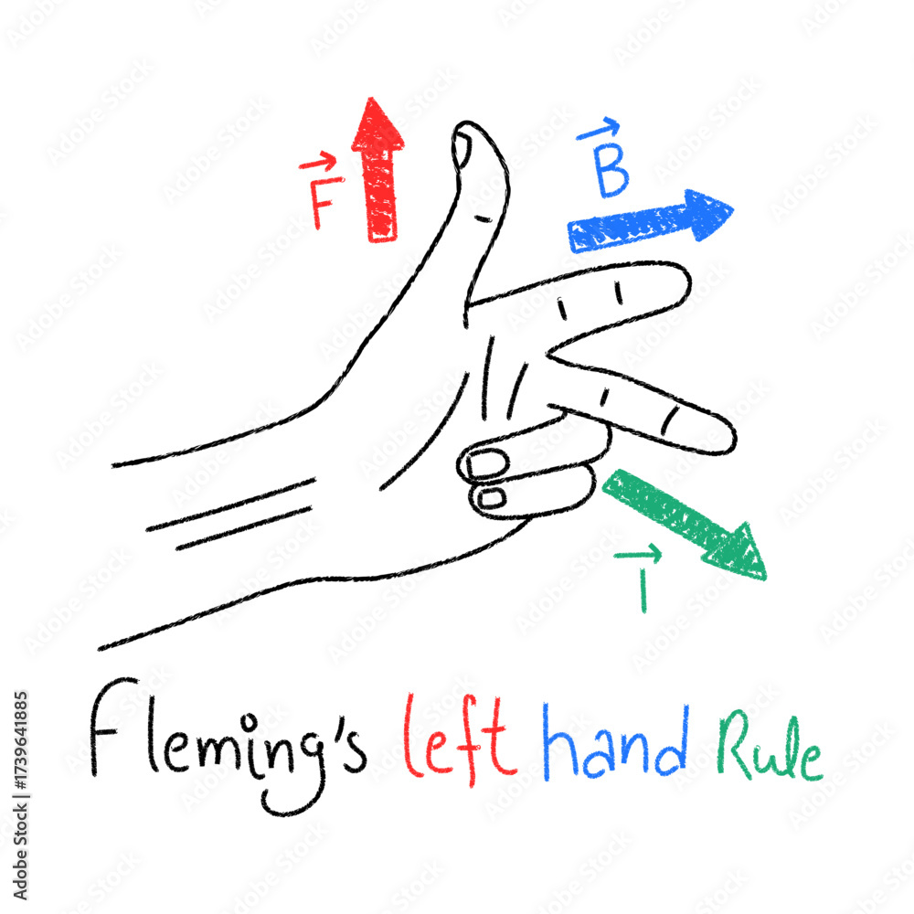 Flemings left hand rule, physics diagram, hand drawn kids crayon vector ...