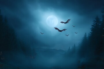 Wall Mural - Creepy Bats Flying in Dark Moonlight with Empty Space for Text