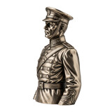 Silver-bronze bust statue of a historical male military officer in detailed uniform, profile view.