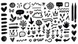 © Live heavenly - Black and white doodle set. Hand-drawn minimalist icons, arrows, hearts, and decorative elements.