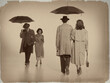 © master1305 - Retro couples walking with umbrellas wearing trench coats nostalgic mood with sepia effect. Concept of lifestyle, romance, nostalgia, fashion, and vintage storytelling advertising.