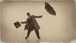 © master1305 - Man in trench coat struggles with broken umbrella in strong wind sepia effect. Concept of nostalgia, humor, lifestyle editorial and vintage advertising.