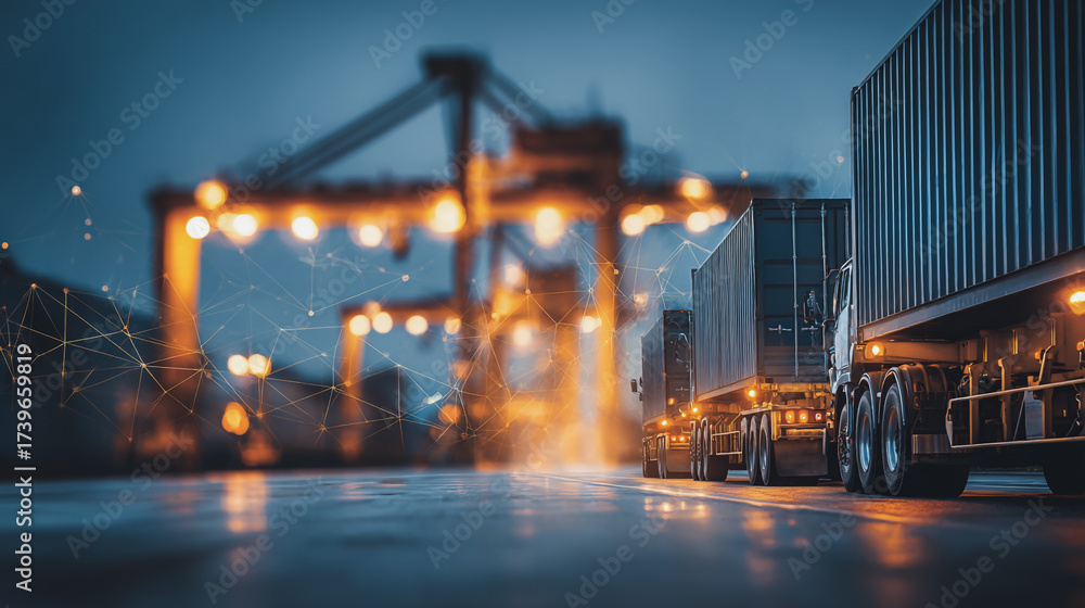 Double exposure of Twilight view of Container truck in ship port for ...