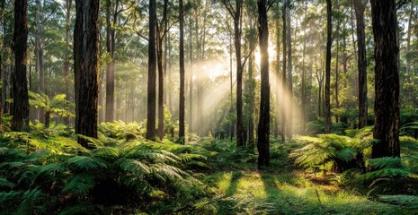  Sunlight streams through a dense forest, illuminating ferns and tall trees