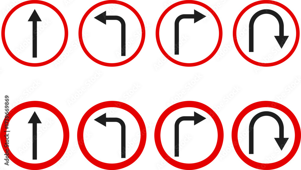 Road sign arrow set. go straight, turn left, turn right, u turn ...