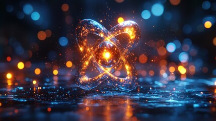 Wall Mural - Abstract atom core with glowing particles, warm/cool color scheme