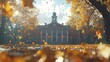 © Dece Std - Autumn campus with falling leaves and historic building under a sunny sky