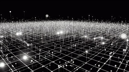 Abstract digital grid with glowing dots and lines against a black background representing connectivity data and technology in a futuristic display