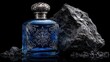 © AszmiStock - Elegant perfume bottle with silver detailing next to a dark rock