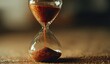 © Wulan - Close-up of an hourglass with amber sand trickling down in a soft, blurred background