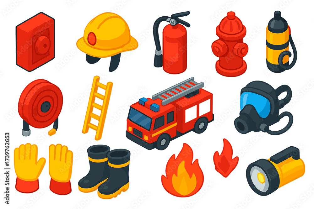 Firefighter Equipment Icons. Isometric vector illustration set ...