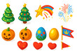 © Galina - Festive Icon Collection. Isometric vector illustration set Christmas tree, fireworks, pumpkin, Easter egg, heart, flag: Christmas