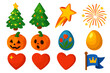 © Galina - Festive Icon Collection. Isometric vector illustration set Christmas tree, fireworks, pumpkin, Easter egg, heart, flag: Christmas