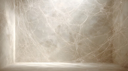 A delicate spiderweb glistening with dew in soft light.