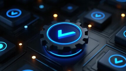 Digital button blue light technology interface futuristic glowing icon control panel electronic device modern gadget illuminated symbol tech background clock gear time management innovation