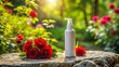 © HabibaAkter - Natural cosmetic product bottle with fresh red roses and greenery in a sunny garden setting