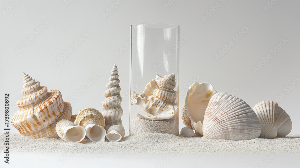 Sea Shell Still Life Still life arrangement of various natural seashells and a clear glass ...