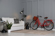 © New Africa - Red bicycle, lamp and cozy sofa near grey wall indoors