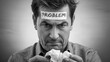 © The 2R Artificiality - Man with serious expression holding crumpled paper looking at word problem sticker on his forehead in black and white image depicting frustration and contemplation