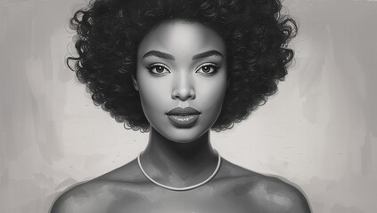 monochromatic portrait of a stylish young woman with curly hair wearing a necklace looking directly 
